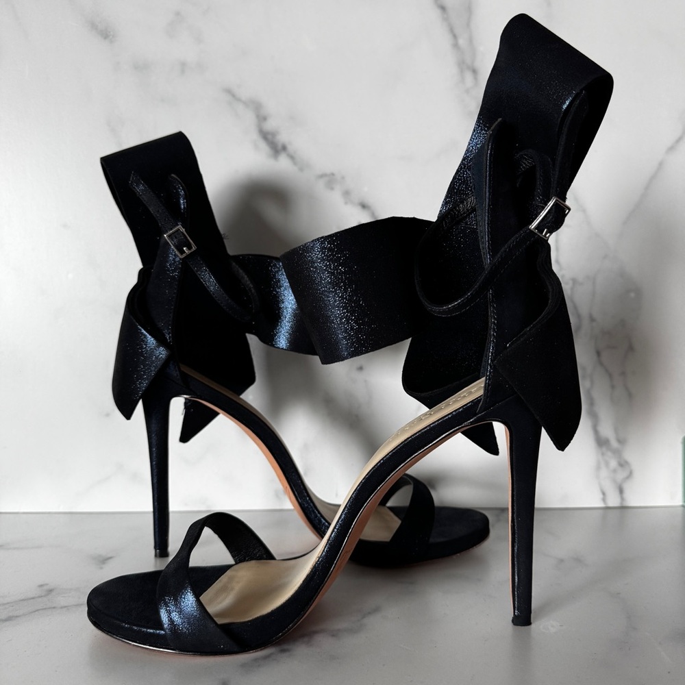 Amina’s Abdul Jillil Navy Blue Metallic Glitter Bow Sandals Heels Size US 11 - Picture 6 of 13